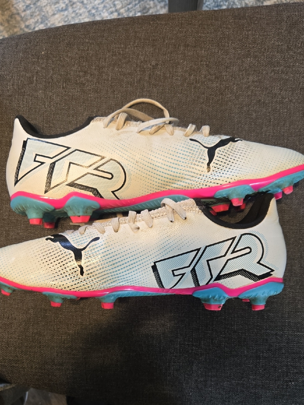 Puma White Soccer Cleats with Pink & Teal Accents